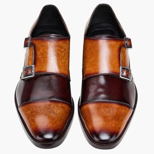 Cloewood Men's Captoe Double Monk Strap Shoes - Tan & Brown