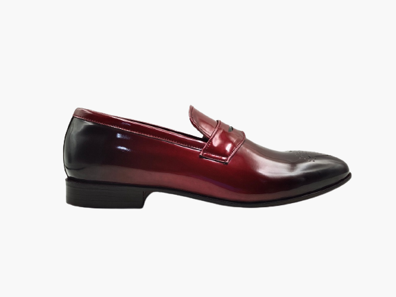 Cloewood Handmade Men's Genuine Maroon And Black Shaded Patent Leather Loafers Brogue Slip On Moccasins Shoe