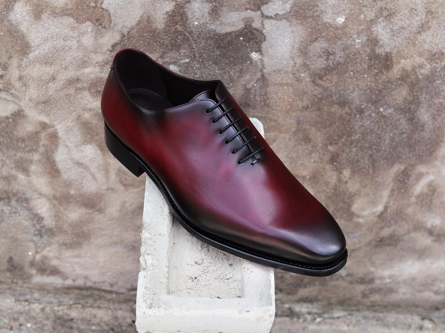 Cloewood Handmade Men's Genuine Maroon Shaded Leather And Black Shaded Whole Cut Lace Up Oxford Shoes