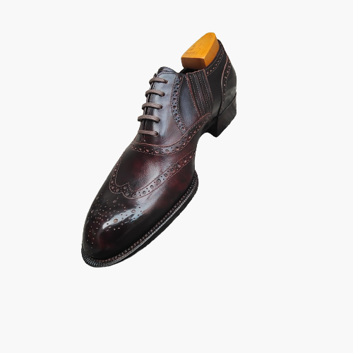 Cloewood Men's Handmade Men's Genuine Burgundy Black Leather Oxford Brogue Wingtip Shoes