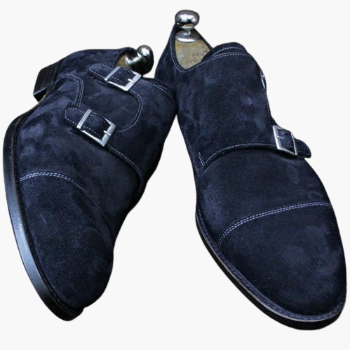 Cloewood Handmade Men's Genuine Dark Blue Suede Double Monk Strap Shoe