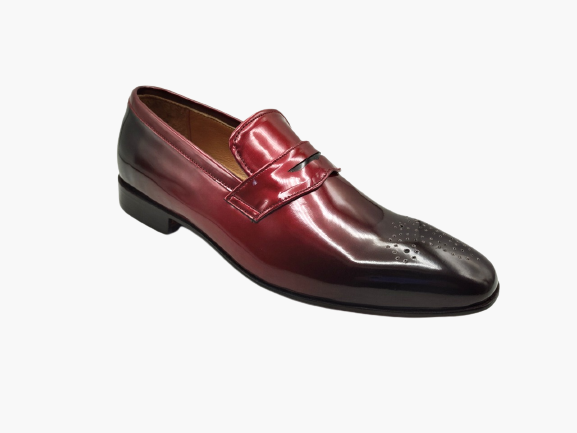 Cloewood Handmade Men's Genuine Maroon And Black Shaded Patent Leather Loafers Brogue Slip On Moccasins Shoe