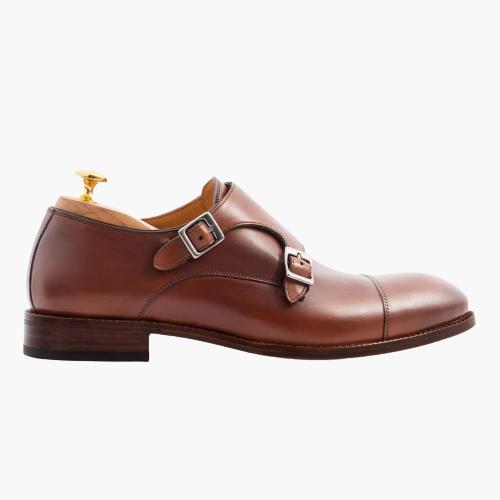 Cloewood Men's Full Grain Leather Double Monk Strap Shoes - Oak