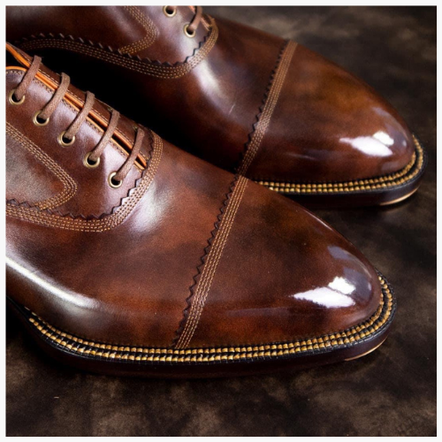 Cloewood Handmade Men's Genuine Brown Leather Oxford Norwegian Stitched Luxury Classic Lace up Dress Shoes
