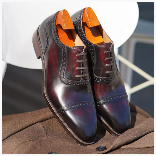 Cloewood Handmade Men's Genuine Burgundy Black Leather Oxford Brogue Lace Up Dress Shoes