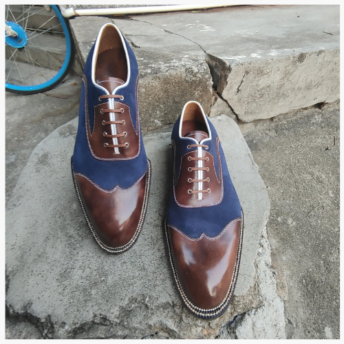 Cloewood Handmade Men's Genuine Blue Suede & Brown Leather Oxford Shoes