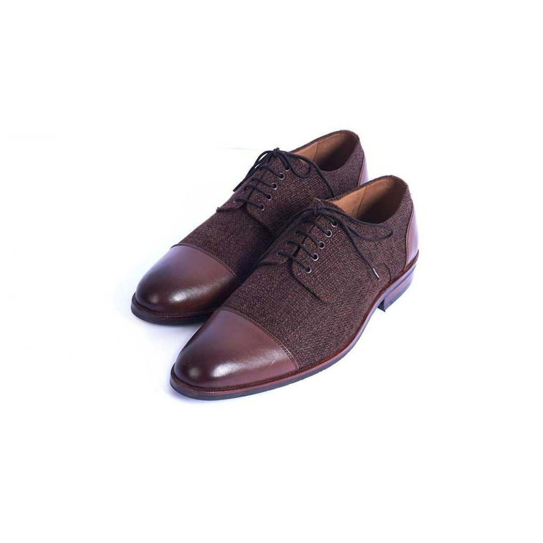 Cloewood Handmade Men's Genuine Brown Leather & Fabric Oxford Shoes