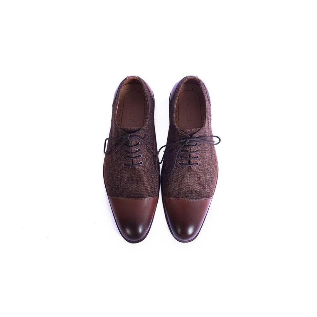 Cloewood Handmade Men's Genuine Brown Leather & Fabric Oxford Shoes