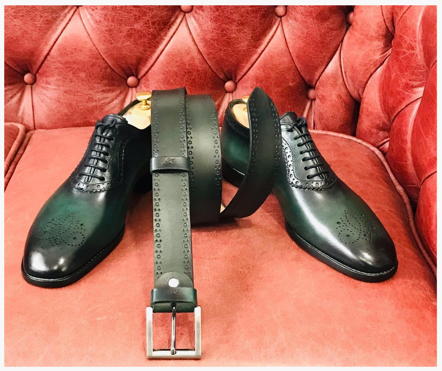 Cloewood Handmade Men's Genuine Greenish Black Leather Oxford Shoes