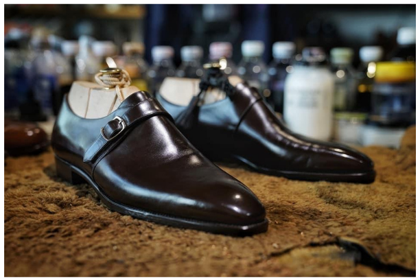 Cloewood Handmade Men's Genuine Black Leather Single Monk Strap Pointed Toe Shoes