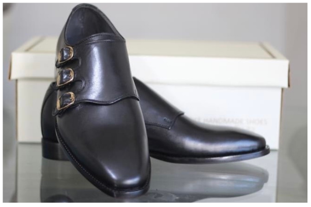 Cloewood Handmade Men's Genuine Black Leather Triple Monk Formal Casual Wedding Shoes