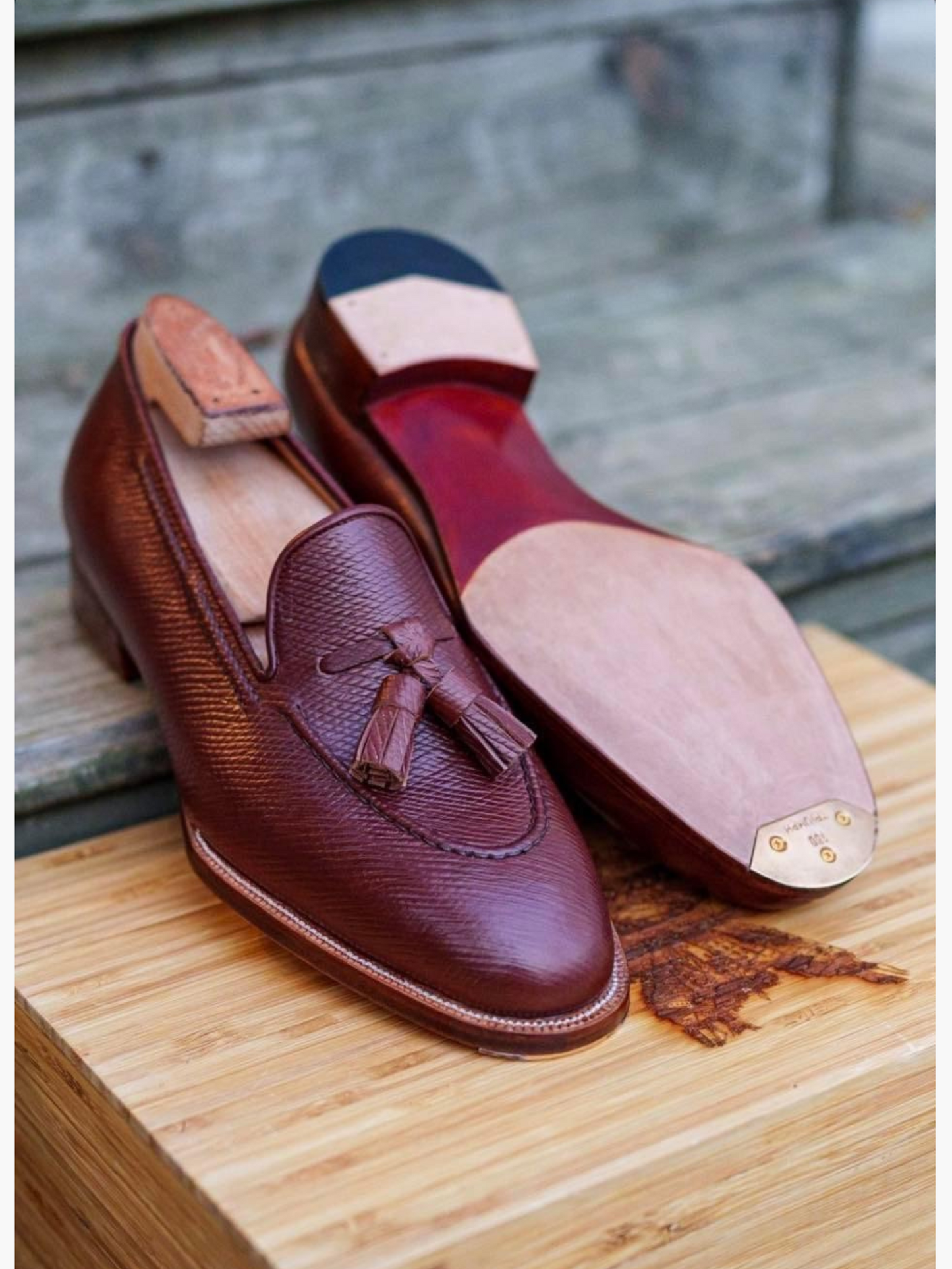 Cloewood Handmade Men's Genuine Burgundy Shaded Leather Loafers Slip on Casual Tassels Shoes