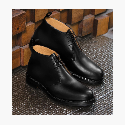 Cloewood Men's Handmade Full-Grain Leather Plain Wide Toe Chukka Boots - Black