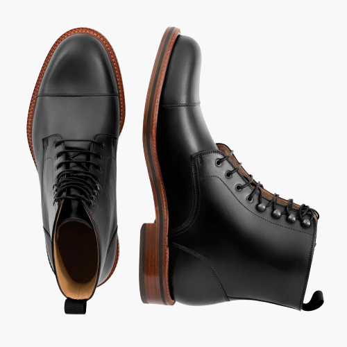 Cloewood Men's Leather Lace-Up Black Captoe Boots