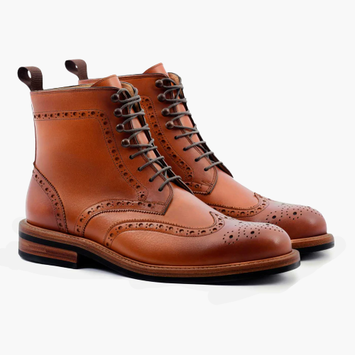 Cloewood Men's Leather Lace-Up Brogue Boots - Tan