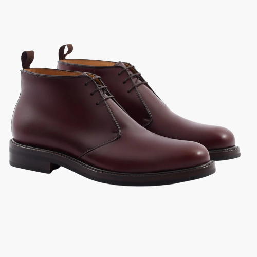 Cloewood Men's Handmade Full-Grain Leather Plain Wide Toe Chukka Boots - Burgundy